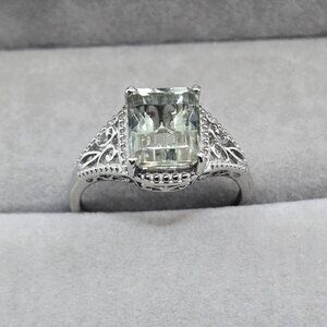 Prasiolite Solitaire Ring – 3.40ct Octagon Green Quartz in S925 Platinum 9